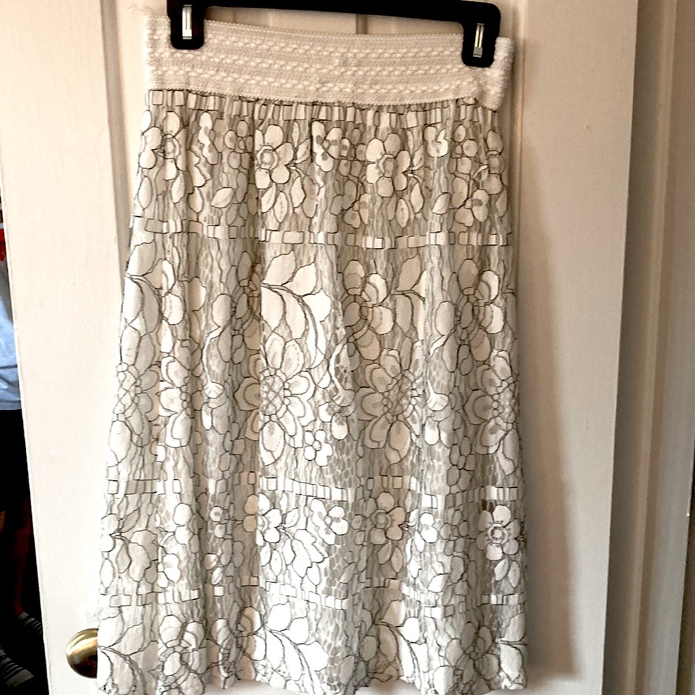 White and Black Lace Floral Midi Skirt